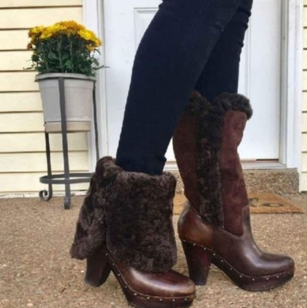 NOWB Frye Ella Shearling dark brown boots